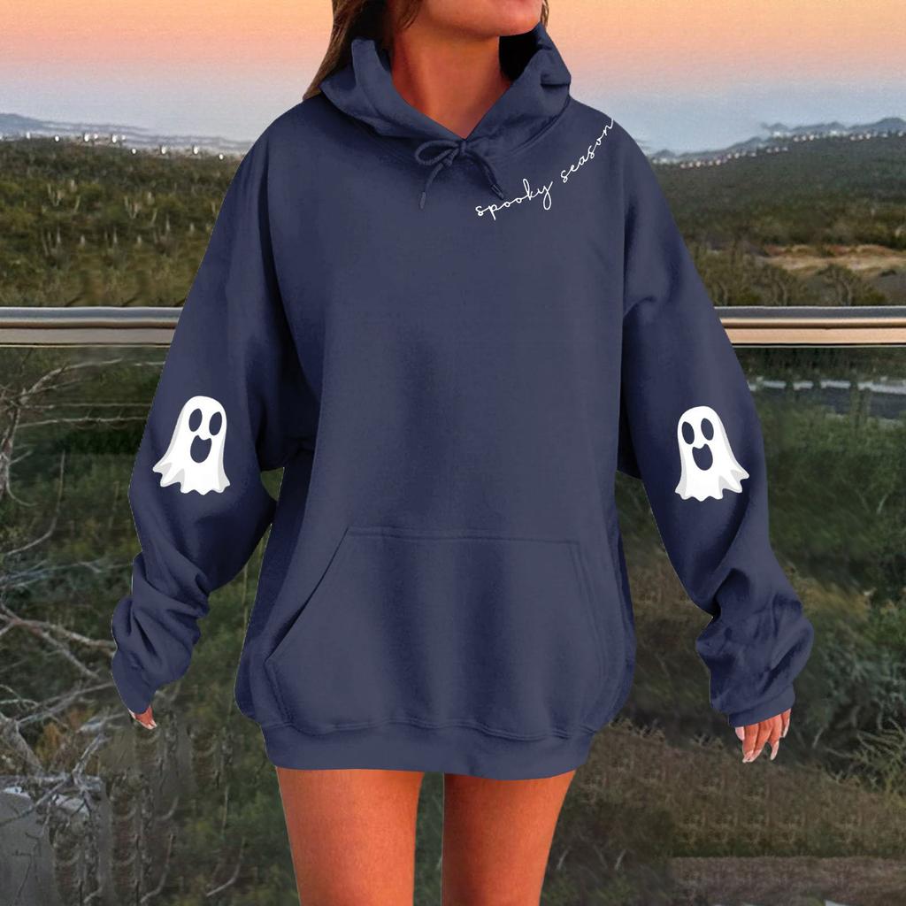 Women's Solid Color Long Sleeve Casual Halloween Print Pullover Hooded Sweatshirt