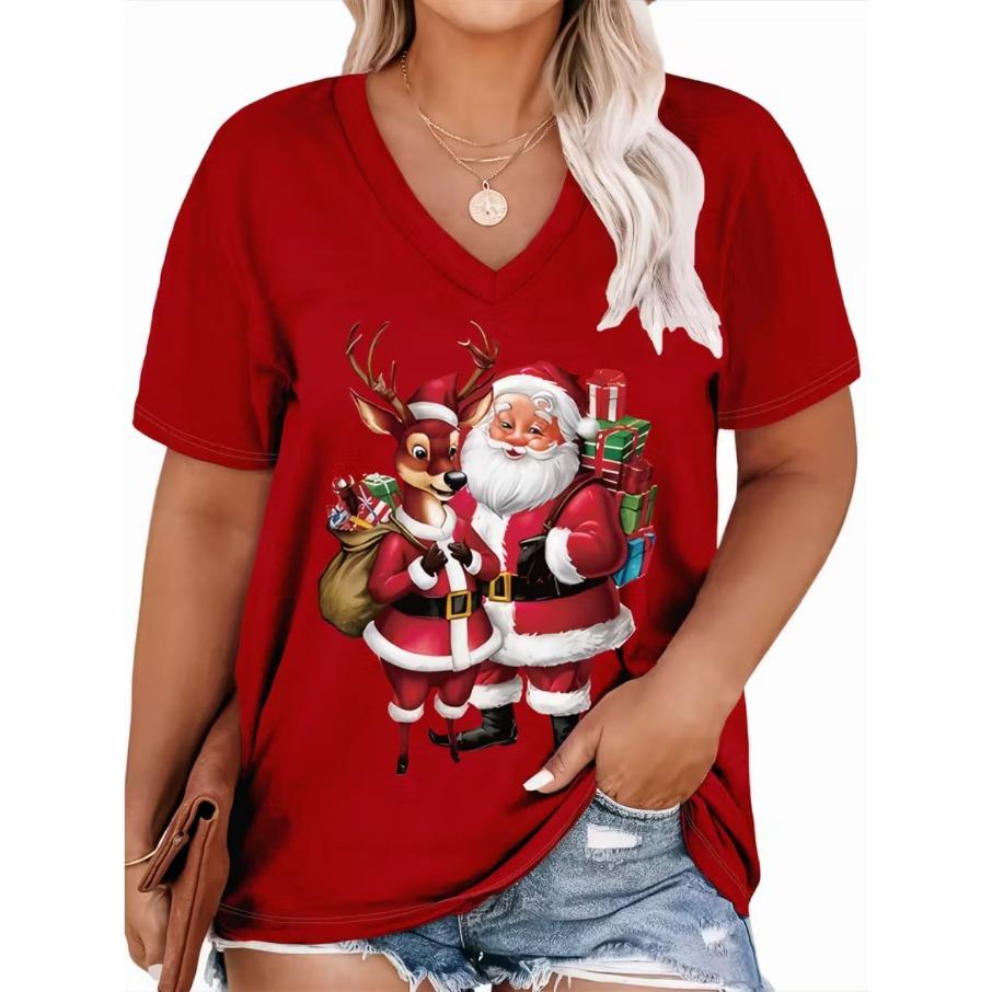 XL-7XL Plus Size Women's Men Christmas Casual 3D Print Loose V Neck Short Sleeved T-shirt Top