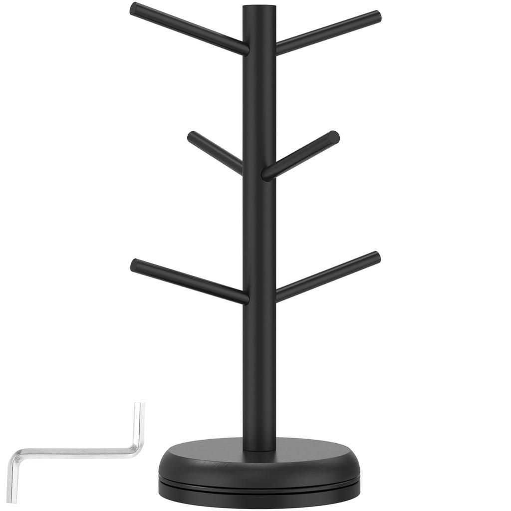 360° Rotated Wood Mug Holder Coffee Cup Tea Cup Organizer Stand 6-Hook Kitchen Countertop Coffee Bar Accessory