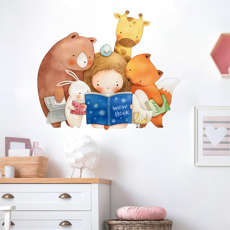 Girl and Animals Reading Theme Self Adhesive Wall Sticker for Kids Room Early Learning Center Warm Home Decor