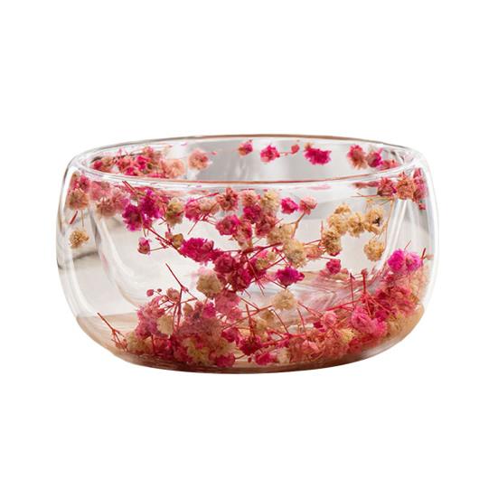 Bol de Sticlă 300ml cu Perete Dublu din Sticlă Borosilicată cu Flori Uscate Bol Decorativ Artistic pentru Supă Desert