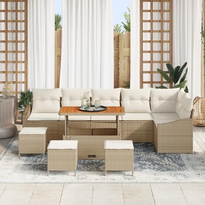 Set of 10 Garden Sofa Pieces with Beige Cushions Poly Rattan Acacia, 2-Seater Garden Sofa with Beige Cushions 3362681