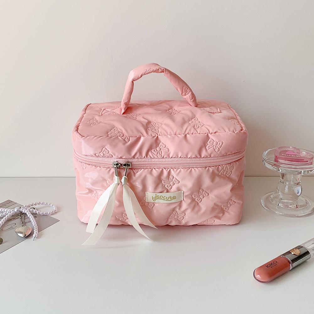 Large Capacity Solid Color Makeup Bag with Ultrasonic Embossing - Desktop Skincare Organizer and Student Toiletry Bag.