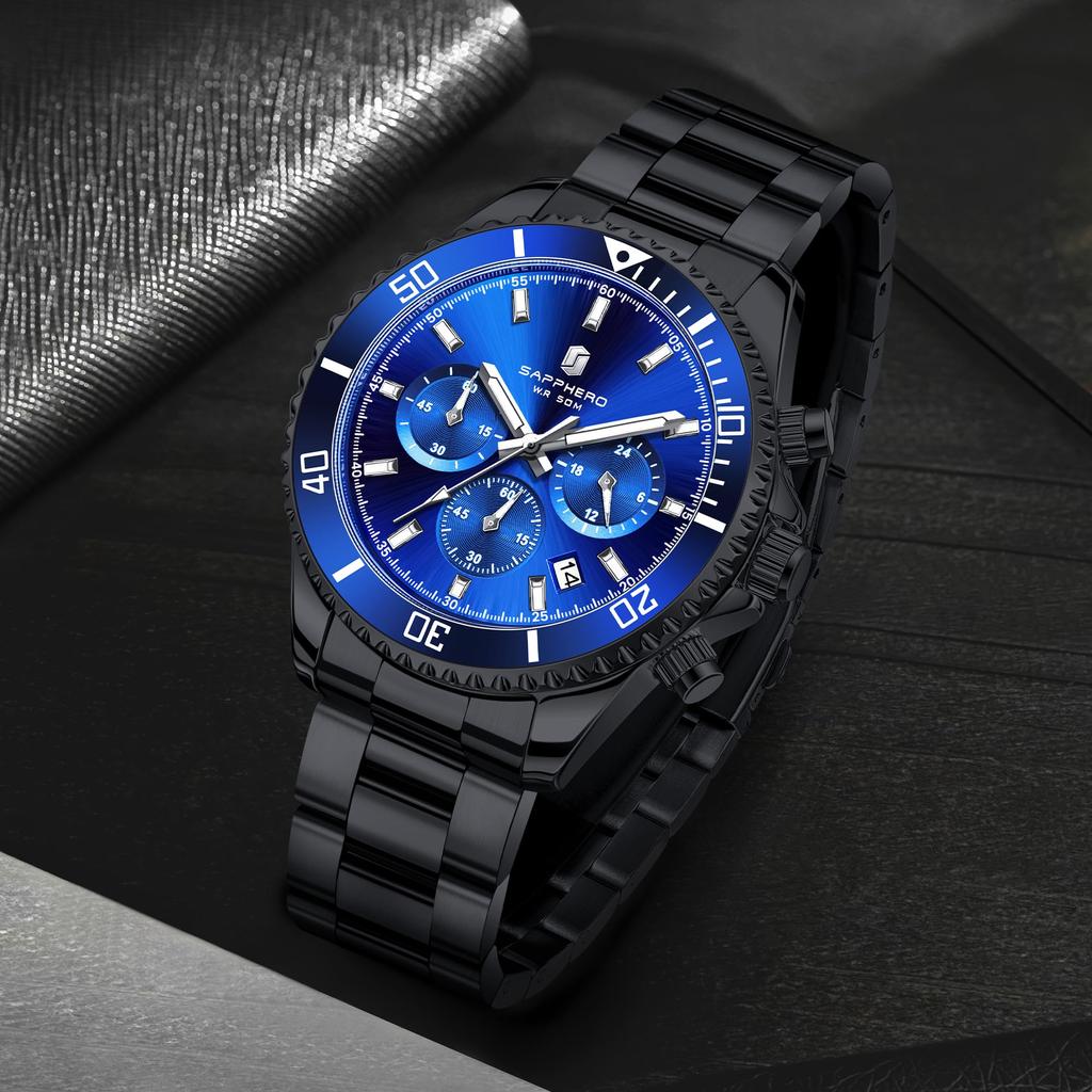 SAPPHERO Analog 8 ATM Water Stainless Mineral Date Black Blue Dial Men's Watch, Resistant, Luminous, Steel, Glass, Business/Outdoor, Display,