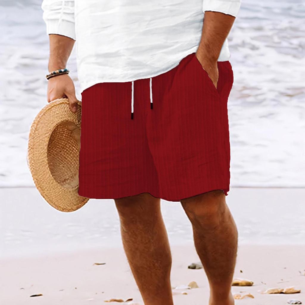 2024 Cross-Border Men's Striped Cotton-Linen Beach Shorts with Drawstring and Multi-Pockets.