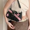 Fashion Black Pink Star Chic Cowboy Tote Bag with Punk Buckle Strap, Y2K Style Underarm Handbag Purse for Women Daily Party Use