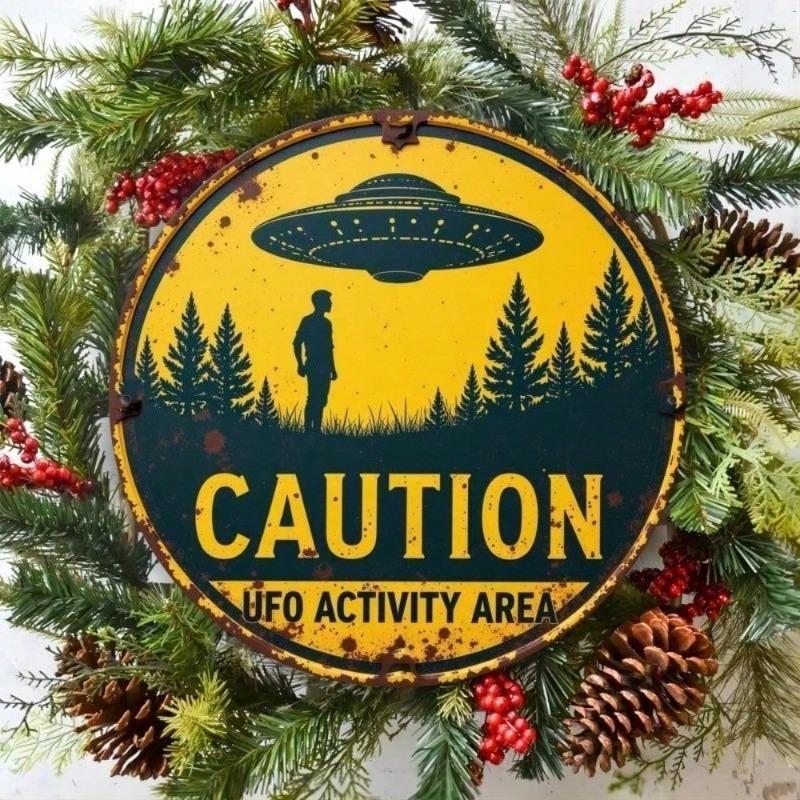 8x12 Inch Alien UFO Caution Metal Tin Sign Vintage Retro Funny Warning Wall Decor for Kitchen