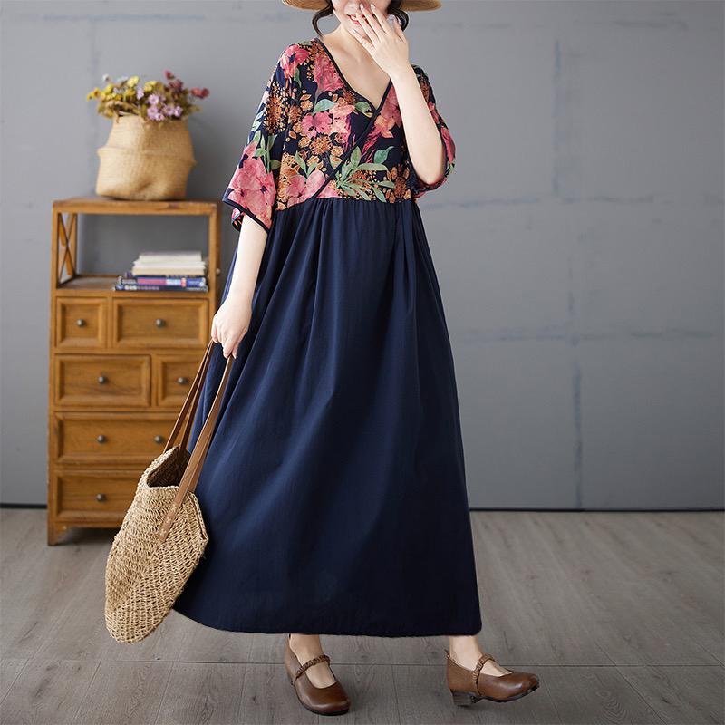 

DIMANAF 2025 Plus Size Summer Women Basic Dress Vintage Floral Printing Casual Loose Spliced Long Dress One Size темно-синий