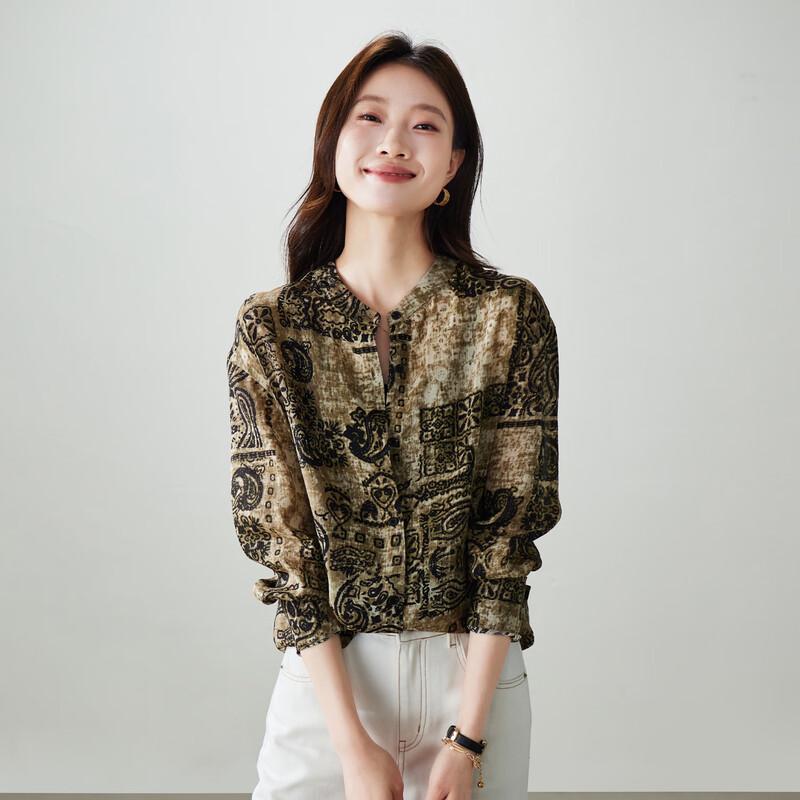 SOFSIL Women's 2026 Spring Ethnic Print Mulberry Silk Blouse