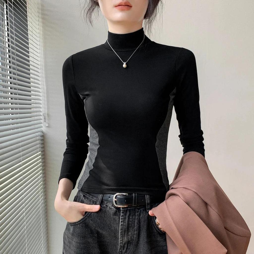 Women's Deep Gray Color Block Half-High Neck Long-Sleeve Slimming Base Layer Top for Autumn/Winter