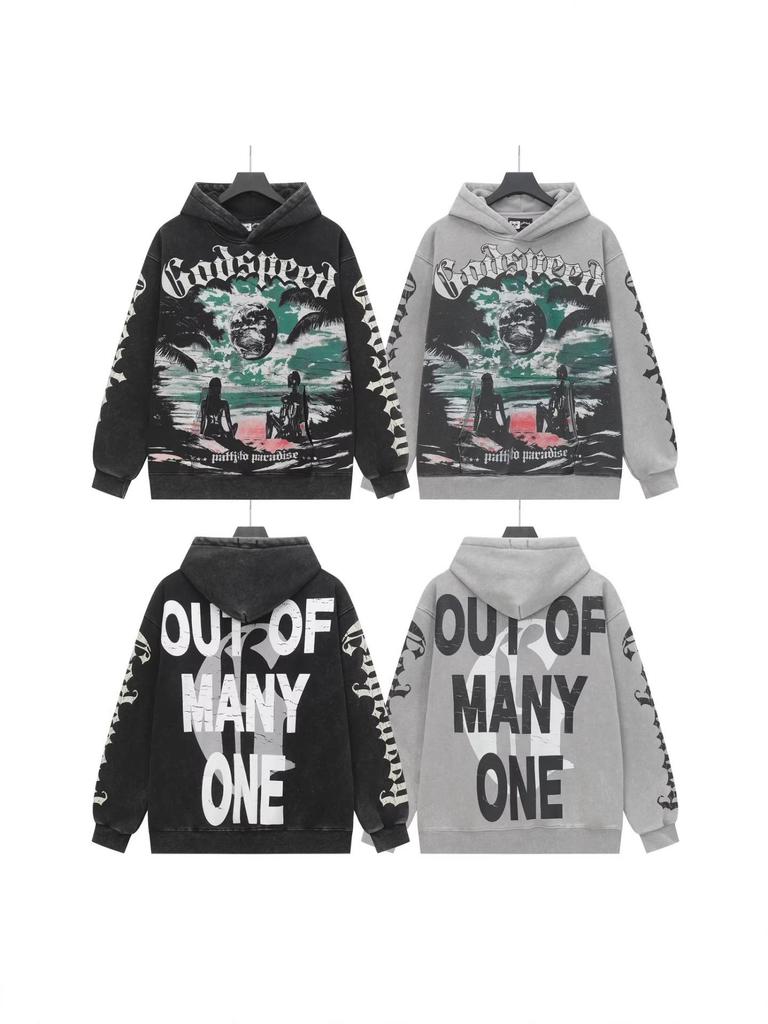 God Bless America Retro Rock Street Print Washed Hoodie - Casual Loose Fit