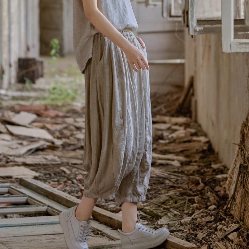 Johnature Women Vintage Wide Leg Pants Elastic Waist Solid Color Trousers Summer Loose Casual Female Pants