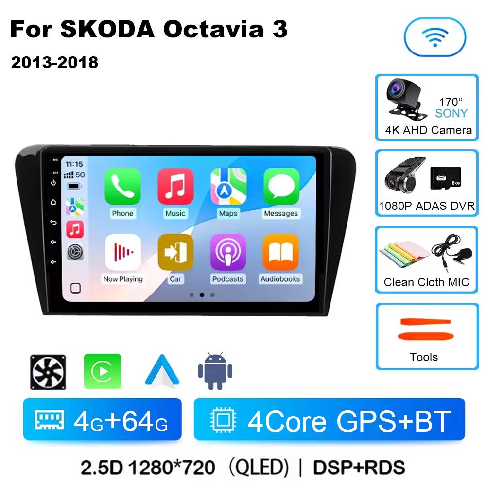Android 14 Car Multimedia Player For Skoda Octavia 3 2014 2015 2016 2017 2018 2019 Qualcomm Radio Carplay Android Auto 4G+Wifi