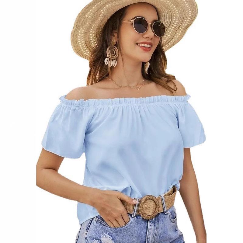 Women's Loose-fit Off-the-shoulder Boat-neck Ruffled Short-sleeved Shirt