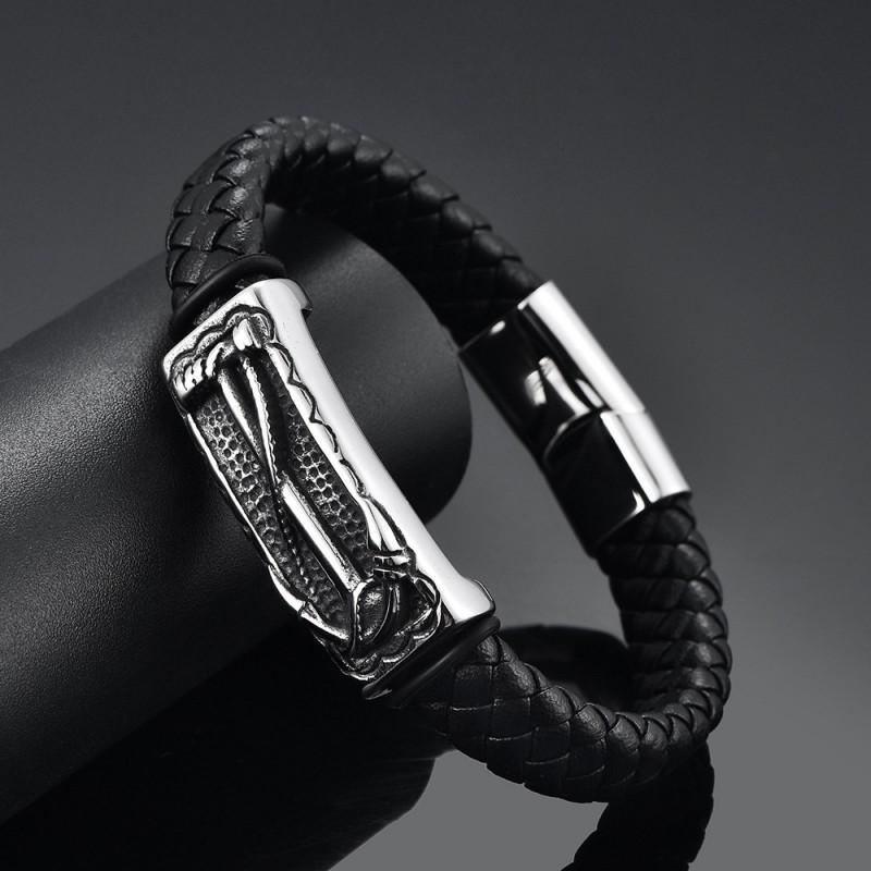Mens Stainless Steel Braided Leather Bracelet With Magnetic Clasp Geometric Anchor Design INS Style