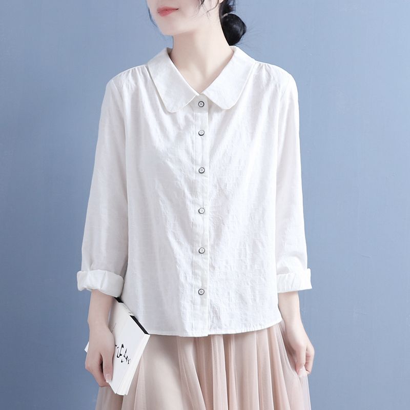 

Хлопковые и льняные рубашки для женщин, весенние, новый стиль, литературный ретро-стиль, кукольный воротник, жаккардовые, повседневные, свободные, с длинным рукавом, топы для женщин M белый