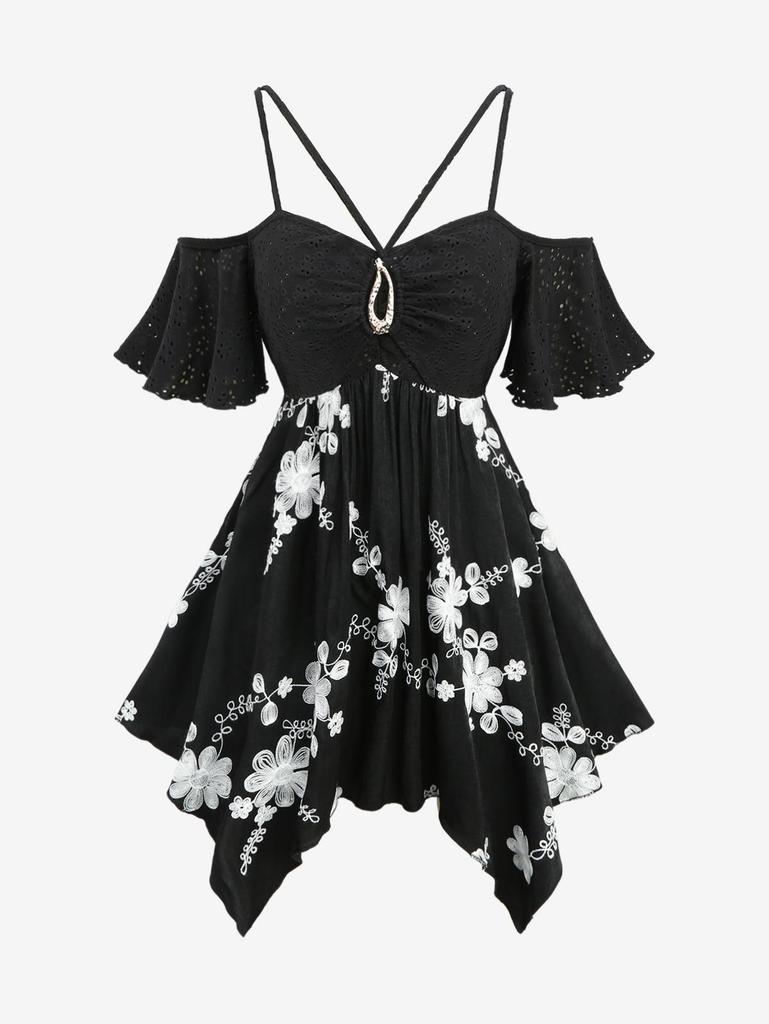 Rosegal Plus Size Pointelle Hollow Out Jacquard Buckle Decor Strappy Floral Embroidered Handkerchief Top