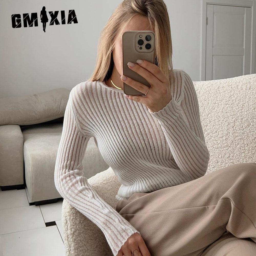 GMXIA Cut-out Knit Sweater Spring and Summer Sexy Slim Wool Round Neck Long-sleeved Thin Pit-stripe Knit Sweater