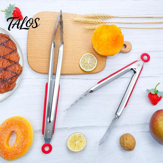 Talos Kitchen Tongs with Anti-Slip Handle And Silicone Scalloped Edges, Stainless Steel Locking Food Clips for Grilling BBQ Salad, Dishwasher