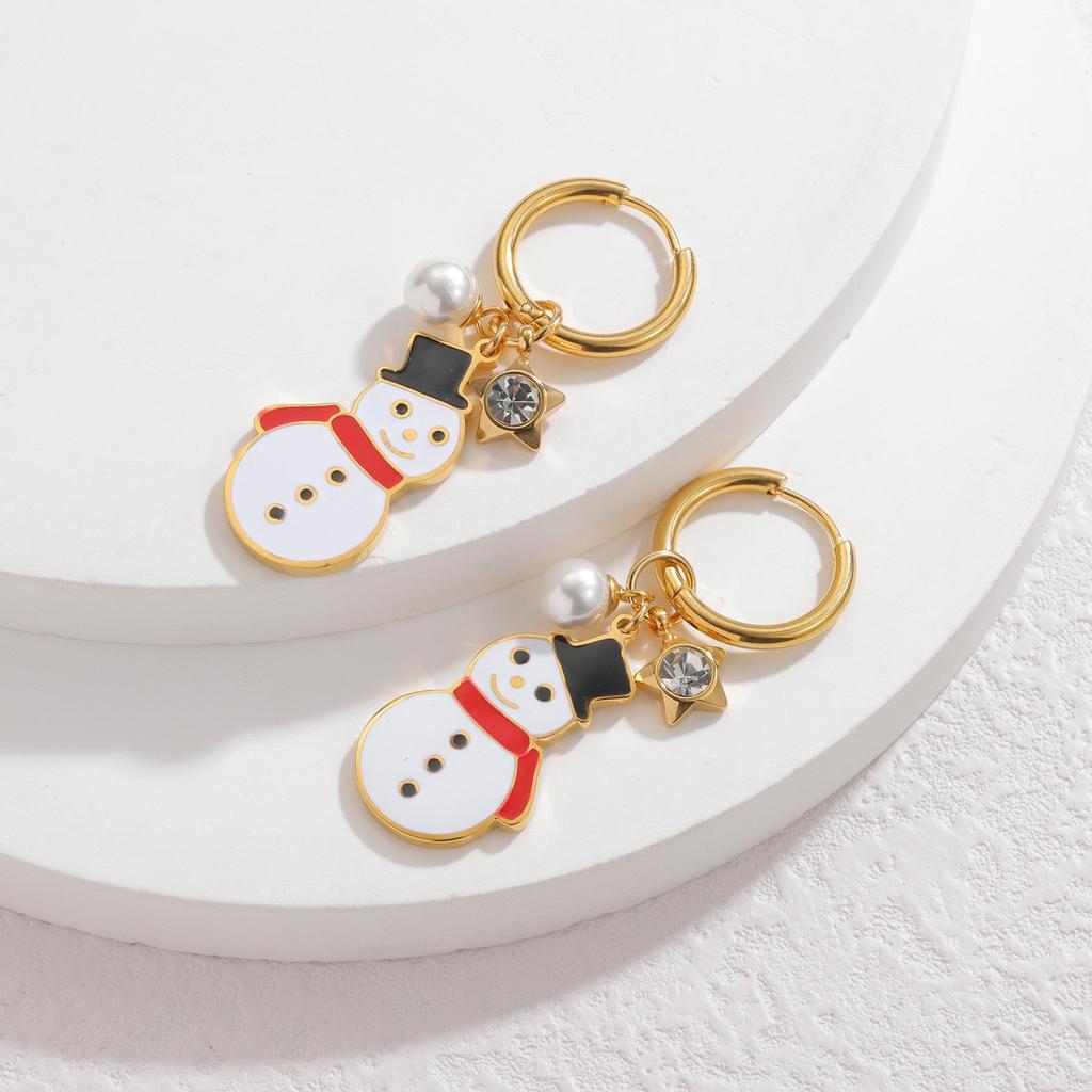 New Christmas Snowman Earrings: Titanium Steel Pearl Star Pendant, Cute Holiday Fashion Style.