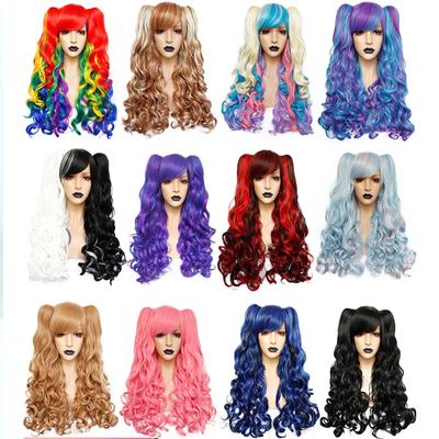 Cosplay Ponytail Wig Synthetic Long Colored Curly Girls Lolita Cosplay Wig With Double Ponytails & 1pc Wig Cap