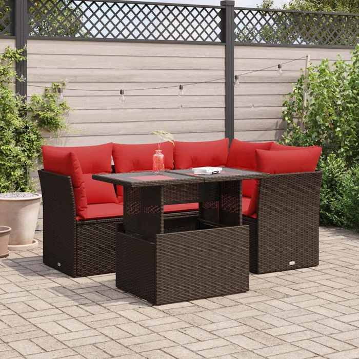 VidaXL Salon de jardin avec coussins 5pcs marron résine tressée acacia, ensemble de canapés d'extérieur, salon de jardin, 3326155