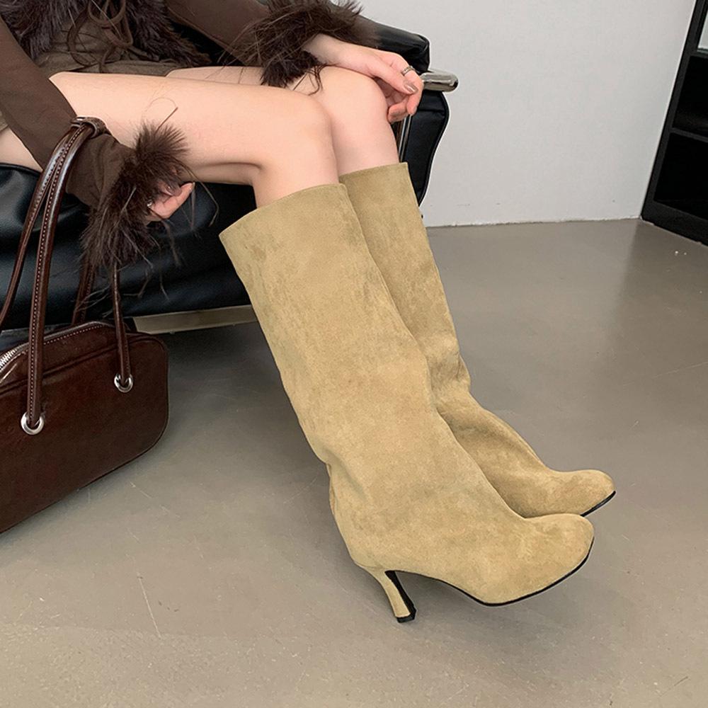 

2025 autumn and winter new suede high-heeled boots women s but knee thin heel pointed pile boots thin versatile knight boots 40 абрикосовий