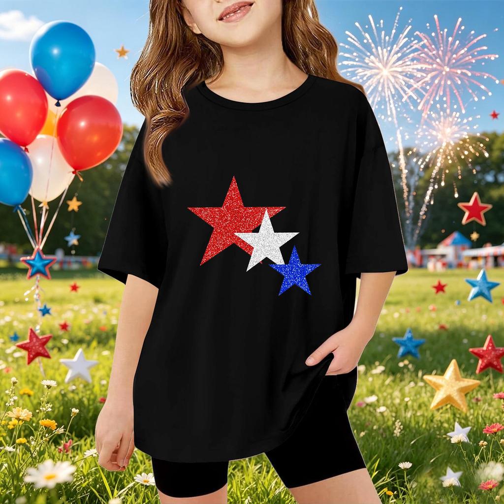 Kinder Kurzarm-T-Shirt mit Sternenprint Unabhängigkeitstag Oberteil Lässiges Rundhals-T-Shirt für Jungen und Mädchen Sommerkleidung