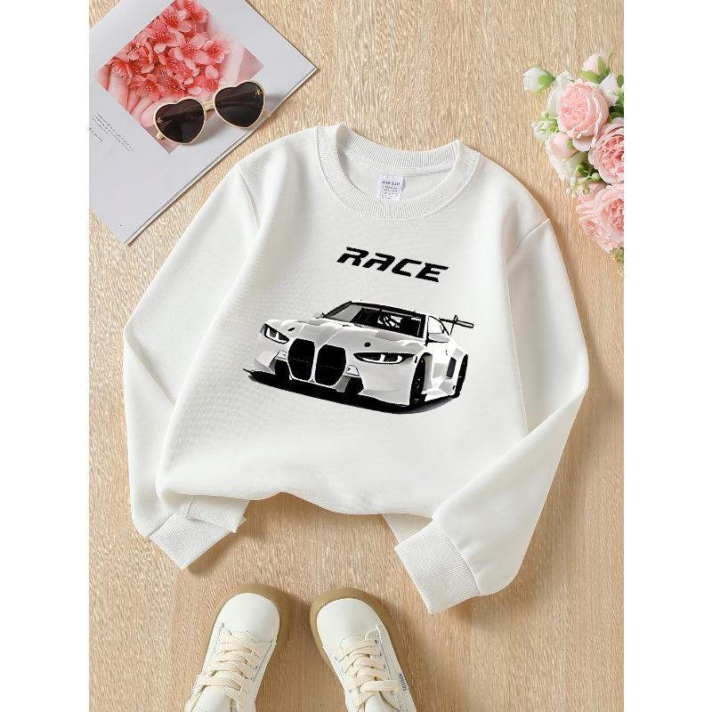 European Size Race Car Speed Design White Sport Crew Neck Fashion Sweatshirt, Autumn and Winter Western Style Top, Children's Long Sleeved