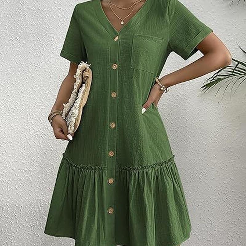 Women Button Down Dress Loose Summer Cotton Linen Dress Ruffle Hem Casual Dress Short Sleeve Tunic Dress