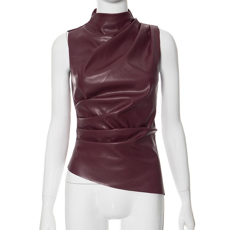 

2026 New Fashionable Leather Turtleneck Personalized Waist-Cinching Asymmetrical Hem Sleeveless Women s Trendy Top S вино красного