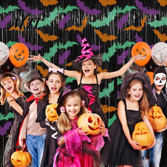 Festive Halloween Curtain Foil Fringe for Halloween, Orange Purple Black Background Photo Booth Backdrop Props, Pumpkin Ghost Bat Party Decoration