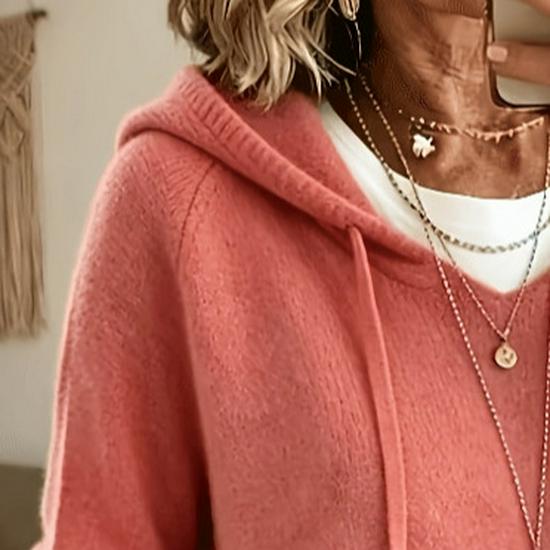 European & American Casual Solid Color V-Neck Hooded Pullover Sweater with Drawstring & Ribbed Hem for Women