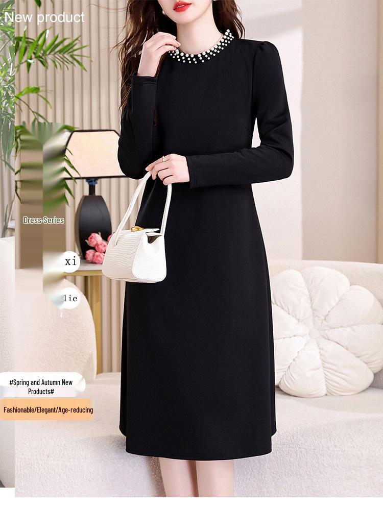 Hepburn Style Women's Elegant Black Midi Dress - Versatile Long Sleeve for Spring/Autumn 2026