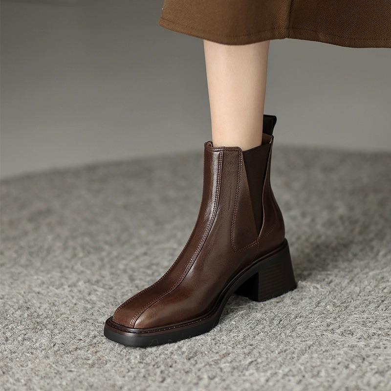 Autumn and Winter Retro Short Boots Women's 2024 New Genuine Leather Thick Heel Square Toe Chelsea Boots High Heel Woman's Shoes