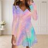 Women Plus Size V Neck Long Sleeve Purple Black Gem Printed Curved Hem Dress