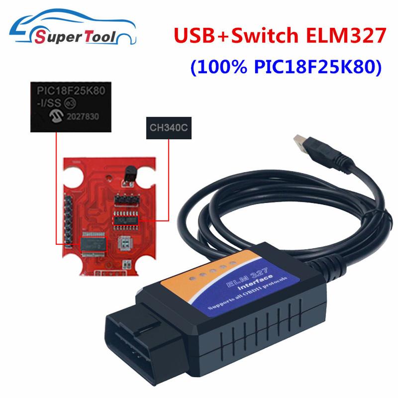 100% Chip PIC18F25K80 Skaner diagnostyczny USB ELM327 V1.5 OBD2 ELM 327 V1.5/1.5 USB Switch CA/MS CAN Dla Forscan Czytnik kodów OBDII