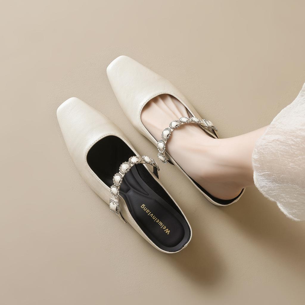 Weiwei girl 958-6 Französischer Taschenkopf Halbschuhe Damen Sommer tragen Strass Lazy Pedal Dicke Ferse Coole Hausschuhe