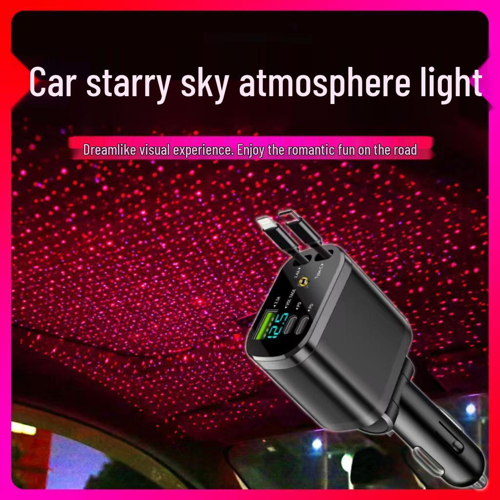 Dual-Line Retractable Car Charger with Digital Display, PD Fast Charging for Huawei & Apple.