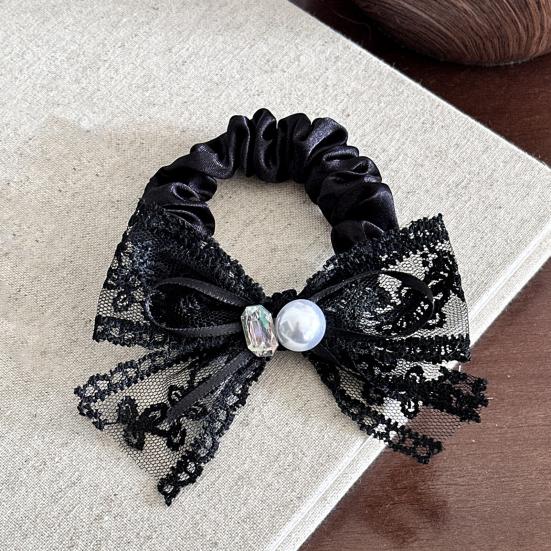 Hair Rope High Elasticity Lace Ribbon Bow Imitation Pearls Rhinestones Decor Hair Tie