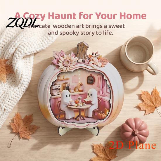 Indoor Fall Seasonal Ornament Halloween Ghost Pumpkin Wooden Plaque, 2D Flat Tabletop Sign, Gift for Lovers Spooky Bathing Reading Home Office Mantel