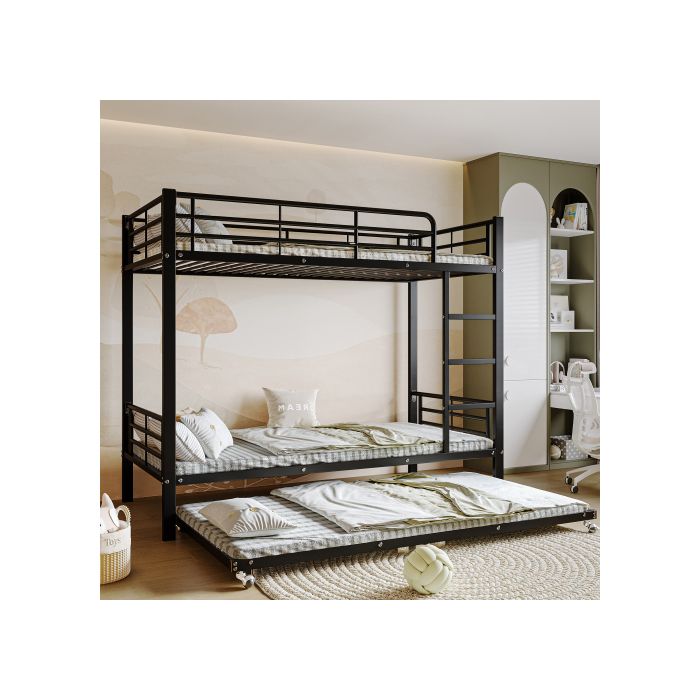 Lit Superposé - MUVOE - 90x200cm & 90x190cm - Métal Noir - 3 Places - Échelle Stable