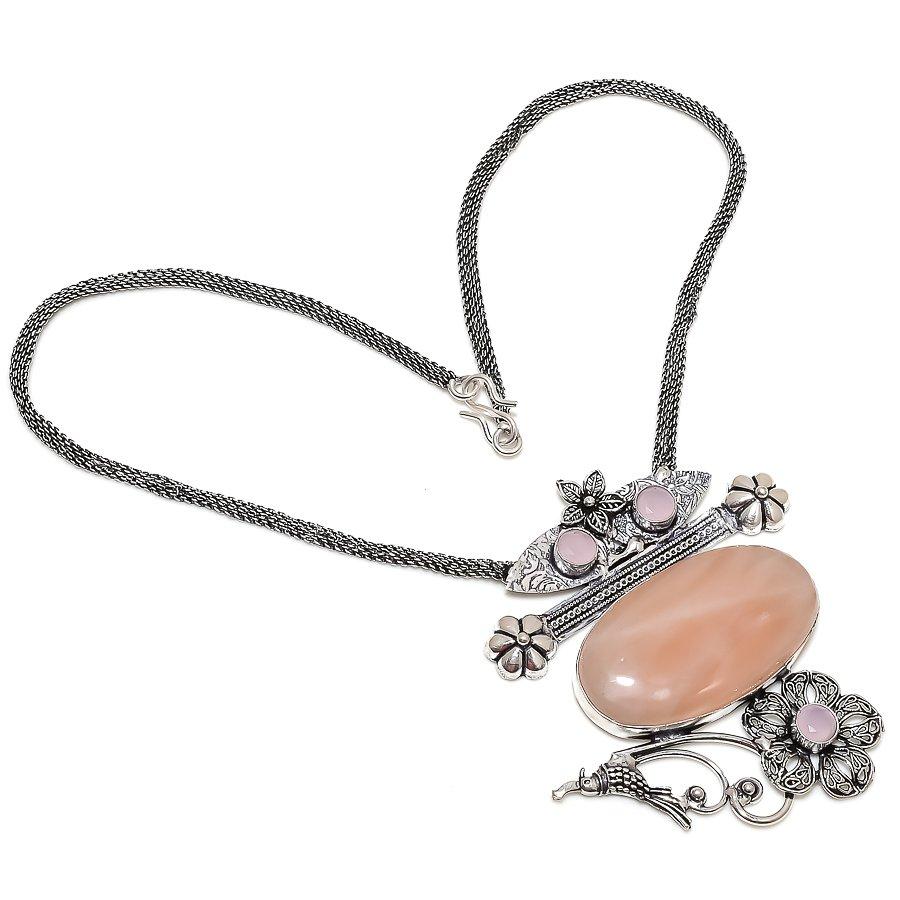 

Ожерелье ручной работы из стерлингового серебра 925 пробы с натуральным розовым кварцем и халцедоном 18 дюймов s5j55