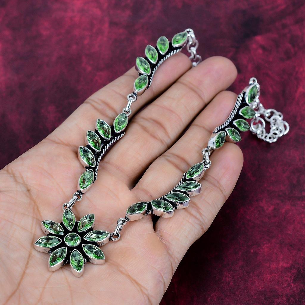 Green Amethyst Handmade Gemstone Necklace, 925 Solid Sterling Silver Necklace Antique Jewelry, For Engagement Gift