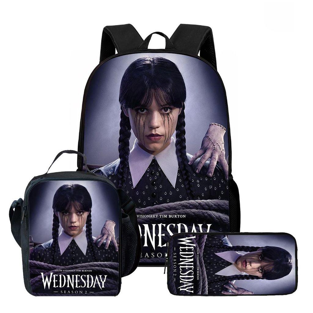 Wednesday Backpack Lunch Bag Pen Case Set With Geometric Pattern For Daily Use