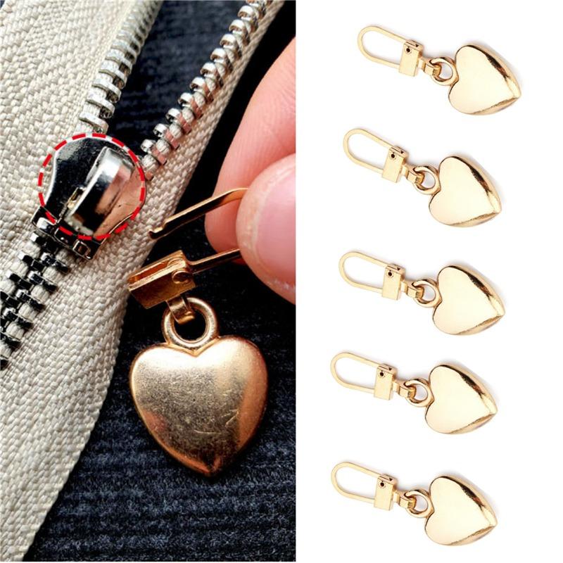 5PCS Sewing Zippers Puller Head Heart Shape Detachable Metal Zipper Slider Repair Kits for Bags Backpack Coat Zipper Pull Tab