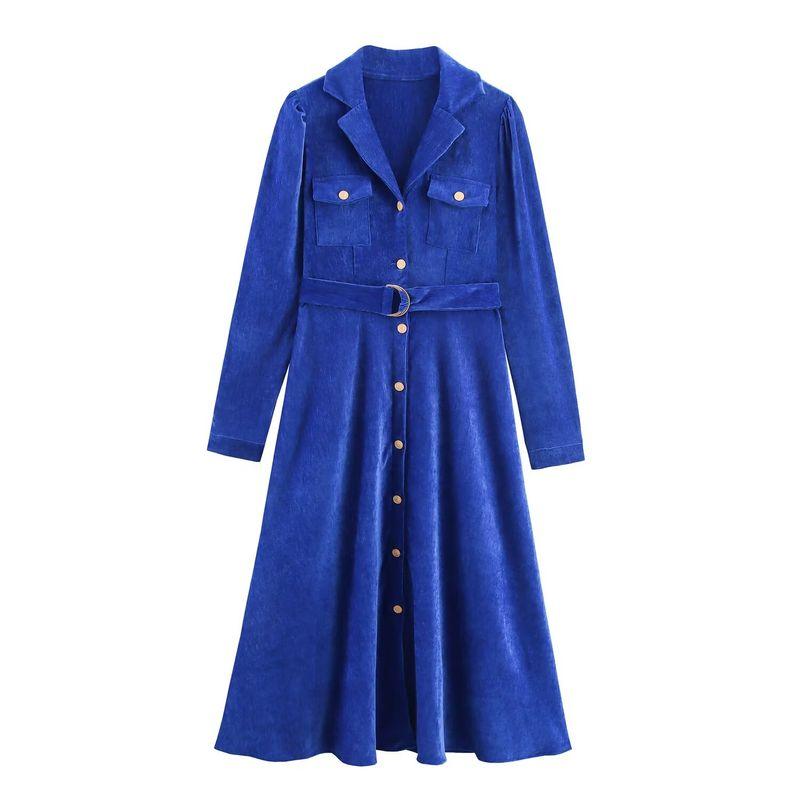 

Kaslead New Women clothes Western Style With Belt Single-Breasted Lapel Shirt Dress Blue L