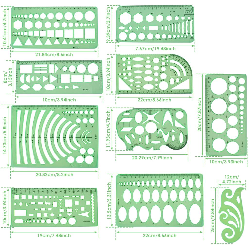 11Pcs Geometric Drawings Templates Measuring Drafting Stencils Measuring Tools Building Geometric Kit for Office School