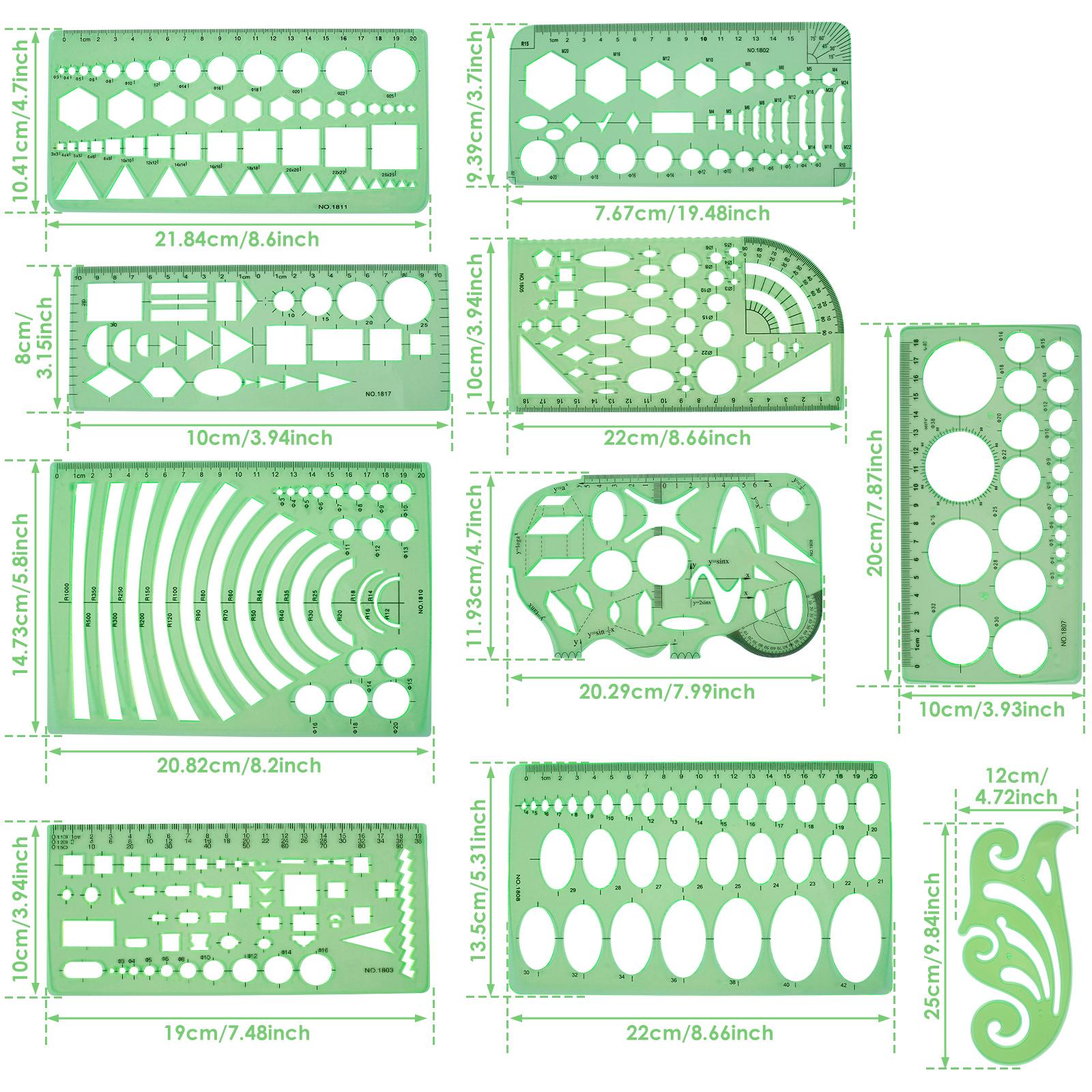 11Pcs Geometric Drawings Templates Measuring Drafting Stencils Measuring Tools Building Geometric Kit for Office School