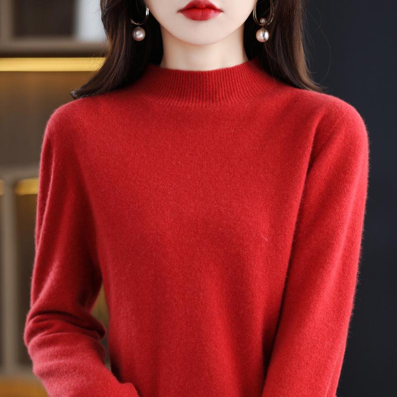Women's 100% Wool Seamless Pullover Sweater: Autumn/Winter Half-High Neck Base Layer